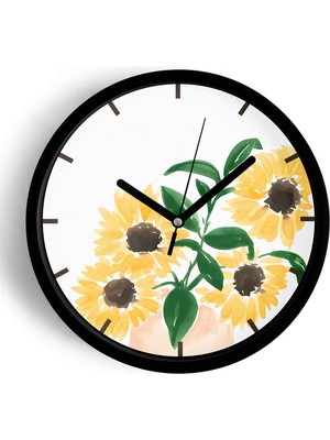 JHAAR Sarı Çiçek Buketi Modern Duvar Saati - Büyük L 35 cm - Siyah Kasa - Camlı Sessiz