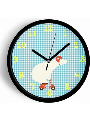JHAAR Scooter Süren Ayı Çocuk Odası Duvar Saati - 35 - Önü Camlı Siyah Kasa - Sessiz Mekanizma