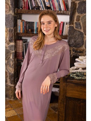 Aydoğan 6024 Bayan Uzun Kol Dantelli Gecelik--Lila Renk--