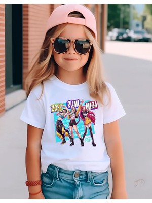 Kpop Demon Hunter Huntrix Zoey,mıra,rumi Tasarımlıpremium Baskılı Pamuklu Nefes Alan Kumaş Siyah Çocuk T Tişort