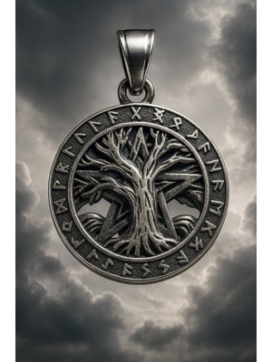 Paslanmaz Çelik Viking Yggdrasil Yaşam Ağacı Runik Kolye