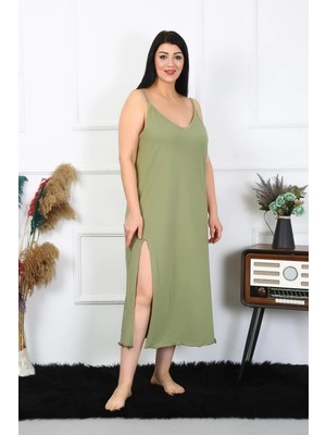 Moda Şahsenem Moda Kadın Büyük Beden Ip Askılı Pamuklu Haki Uzun Gecelik