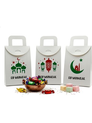 Repro Design 10 x 15 cm Beyaz 3 Adet Eid Mubarak Baskılı Boş Mendil, Şeker, Harçlık, Hediye Kutusu,