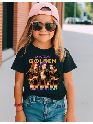 Kpop  Demon Hunter  Huntrix Rumi  Zoey  Mira Pamuklu Nefes Alan Kumaş Premium Baskı Siyah Çocuk Tişort