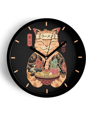 JHAAR Kedi Ramen Modern Tasarım Duvar Saati - 35 - Önü Camlı Siyah Kasa - Sessiz Mekanizma