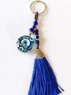 Moncuk Design Mavi Püsküllü Desenli Cam Anahtarlık