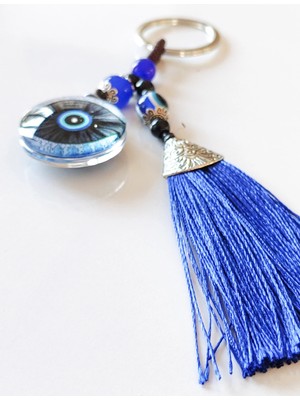 Moncuk Design Mavi Püsküllü Göz Desenli Cam Anahtarlık