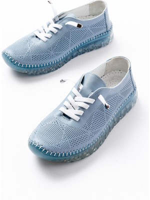 Zerenyus ZRİN-365 Mavi Desenli Hakiki Deri Tam Ortopedik Comfort Spor Babet