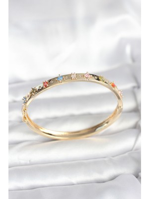 Senson Pirinç Gold Renk Zirkon Taşlı Kelepçe Bileklik - Lisinya