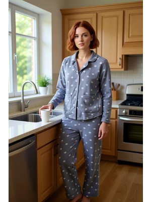 FRM Kadın Polar Pijama Takımı Puantiye Desenli Gömlek Pantolon Fonksiyonel Dayanıklı Kaliteli Şık