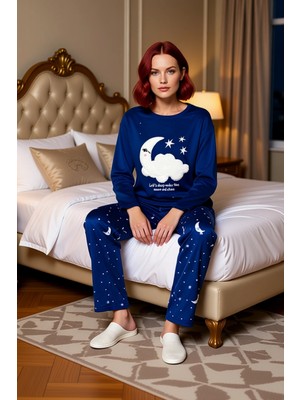 Ersefa Kadin Gece Bulut Ay Desenli Polar Pijama Seti Fonksiyonel Dayanıklı Kaliteli Konforlu Spor