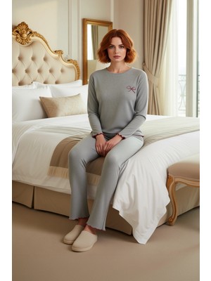Ersefa Kadın Fiyonk Detaylı Bisiklet Yaka Uzun Kollu Pijama Takımı Fonksiyonel Dayanıklı Kaliteli