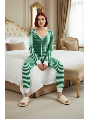 Ersefa Kadın Çizgili V Yaka Pijama Takımı Uzun Kollu Fonksiyonel Dayanıklı Kaliteli Konforlu Spor