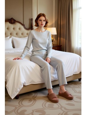 Ersefa Kadın Kaşkorse Pijama Takımı Bisiklet Yaka Uzun Kollu Fonksiyonel Dayanıklı Kaliteli Rahat