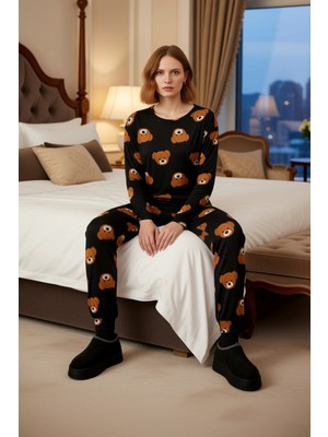 Ersefa Kadın Ayıcık Desenli Pijama Takımı Bisiklet Yaka Uzun Kollu Fonksiyonel Dayanıklı Kaliteli