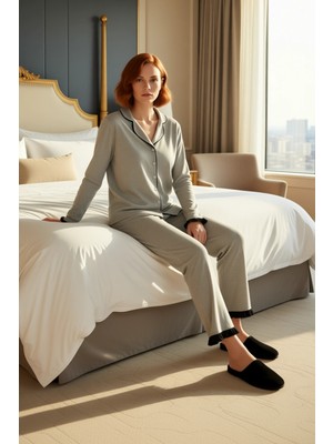 Ersefa Kadın Melanj Örme Gömlek Pantolon Pijama Takımı Fonksiyonel Dayanıklı Kaliteli Konforlu Şık