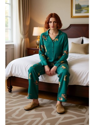 Ersefa Viskon Dokuma Kaplan Baskılı Gömlek ve Pantolon Pijama Seti Fonksiyonel Dayanıklı Kaliteli