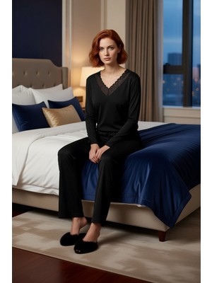 Ersefa Kadın Dantel Detaylı V Yaka Uzun Kollu Pijama Takımı Fonksiyonel Dayanıklı Kaliteli Modern