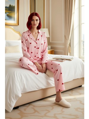 Ersefa Kadin Kirmizi Kalpli Pijama Takımı Gömlek Yaka Fonksiyonel Dayanıklı Kaliteli Konforlu Şık