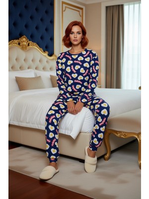 Ersefa Kadin Bisiklet Yaka Uzun Kollu Pijama Takımı Kahvalti Baskılı Fonksiyonel Dayanıklı Modern