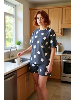 FRM Kadın Yıldız Baskılı Antrasit Pijama Seti Fonksiyonel Dayanıklı Kaliteli Konforlu Estetik Şık