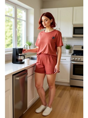 FRM Kadın Kedi Baskılı Fitted Pijama Takımı Yazlık Fonksiyonel Dayanıklı Kaliteli Konforlu Şık