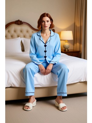 Ersefa Kadın Kalp Detaylı Viskon Pijama Takımı Fonksiyonel Dayanıklı Kaliteli Konforlu Estetik Şık