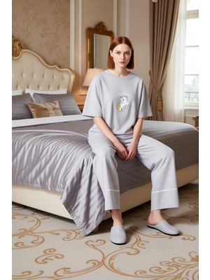 Ersefa Kadin Ayicik Detayli Genis Paça Pijama Takımı Fonksiyonel Dayanıklı Kaliteli Konforlu Spor