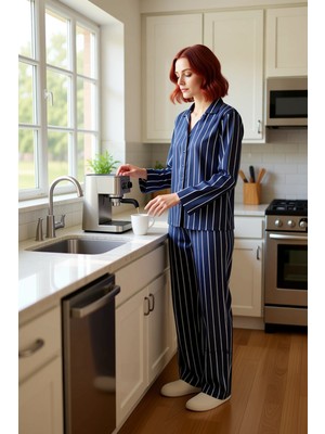 FRM Kadın Viskon Çizgili Gömlek ve Pantolon Pijama Takımı Konforlu Ev Giyimi Fonksiyonel Rahat
