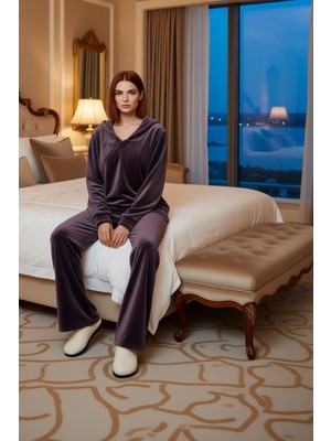 Ersefa Kadın Yumuşak Peluş Kapüşonlu Pijama Takımı Fonksiyonel Dayanıklı Kaliteli Konforlu Modern