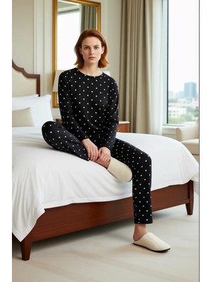 Ersefa Kadın Puantiye Detaylı Bisiklet Yaka Pijama Takımı Fonksiyonel Dayanıklı Kaliteli Konforlu