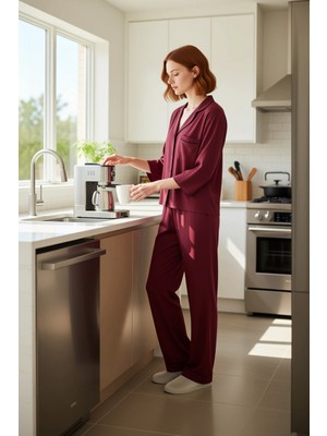 FRM Kadın Viskon Pijama Gömlek ve Uzun Paça Pantolon Fonksiyonel Dayanıklı Kaliteli Konforlu Şık