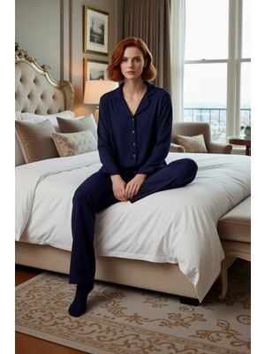 Ersefa Kadın Füme Dokulu Fitilli Gömlek Yaka Pijama Takımı Fonksiyonel Dayanıklı Kaliteli Estetik