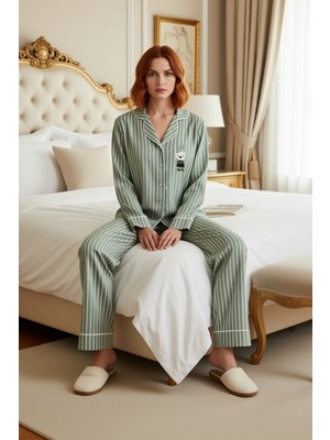 Ersefa Kadın Gömlek Yaka Çizgili Pamuklu Pijama Takımı Penguen Detaylı Fonksiyonel Dayanıklı Spor