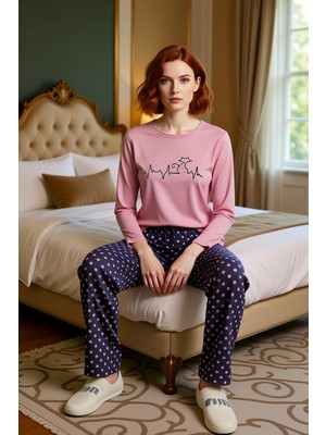Ersefa Puantiye Kedi Figürlü Uzun Kollu Pijama Kadın Fonksiyonel Dayanıklı Kaliteli Konforlu Spor