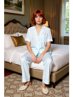 Ersefa Kadın Çizgili Gömlek ve Pantolon Pijama Seti Konfor Fonksiyonel Dayanıklı Kaliteli Estetik