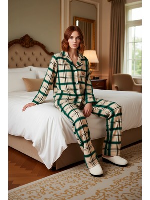 Ersefa Kadın Polar Pijama Takımı Ekose Geyik Nakışlı Uzun Kollu Fonksiyonel Dayanıklı Kaliteli Şık