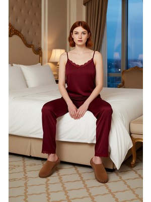 Ersefa Kadın Dantel Detaylı Örme Pijama Takımı Üçlü Set Fonksiyonel Dayanıklı Kaliteli Konforlu Şık