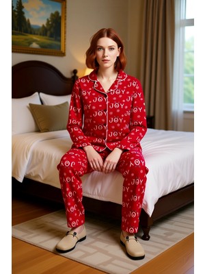 Ersefa Kadin Kirmizi Joy Baskılı Polar Pijama Takımı Fonksiyonel Dayanıklı Kaliteli Konforlu Spor