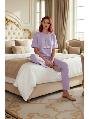 Ersefa Kadın Bisiklet Yaka Kısa Kollu Baskılı Pijama Takımı Açık Fonksiyonel Dayanıklı Kaliteli Şık