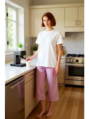 FRM Kadın Çizgili Kapri Pijama Takımı Bisiklet Yaka Fonksiyonel Dayanıklı Kaliteli Konforlu Şık