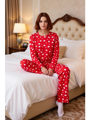 Ersefa Kadın Kirmizi Kalpli Pijama Takımı Fonksiyonel Dayanıklı Kaliteli Konforlu Estetik Premium