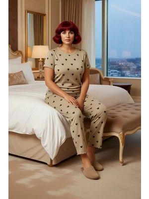 Ersefa Kadın Kalp Baskılı V Yaka Örme Pijama Takımı Fonksiyonel Dayanıklı Kaliteli Konforlu Rahat