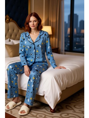 Ersefa Kadin Baskılı Gömlek Yaka Pijama Takımı Fonksiyonel Dayanıklı Kaliteli Konforlu Estetik Şık