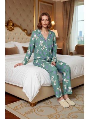 Ersefa Kadın Viskon Puantiye Tavşan Baskılı Pijama Takımı Fonksiyonel Dayanıklı Kaliteli Konforlu