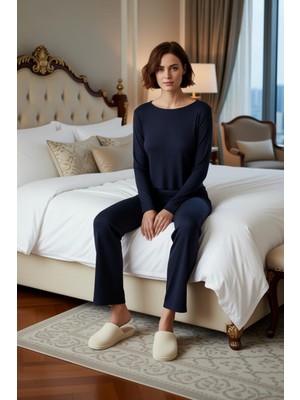 Ersefa Kadın Kaşkorse Pijama Takımı Bisiklet Yaka Uzun Kollu Fonksiyonel Dayanıklı Kaliteli Rahat