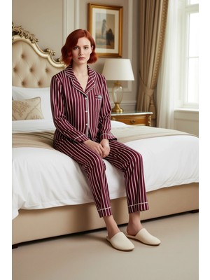 Ersefa Kadın Gömlek Yaka Çizgili Pamuklu Pijama Takımı Penguen Detaylı Fonksiyonel Dayanıklı Spor