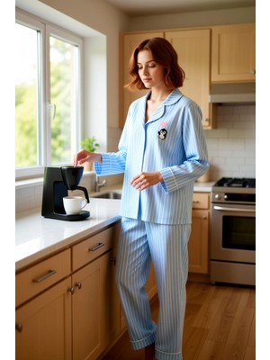 FRM Kadın Açık Çizgili Uzun Kollu Pijama Takımı Penguen Baskılı Fonksiyonel Dayanıklı Kaliteli