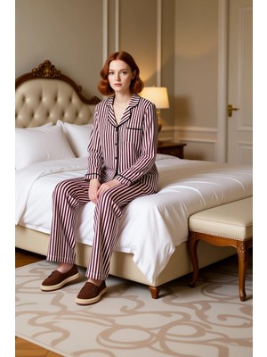 Ersefa Kadın Çizgili Gömlek Yaka Ev Giyim Takımı Fonksiyonel Dayanıklı Kaliteli Konforlu Estetik Şık