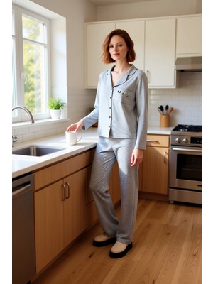 FRM Kadın Baskılı Gömlek Yaka Pijama Takımı Fonksiyonel Dayanıklı Kaliteli Konforlu Estetik Şık
